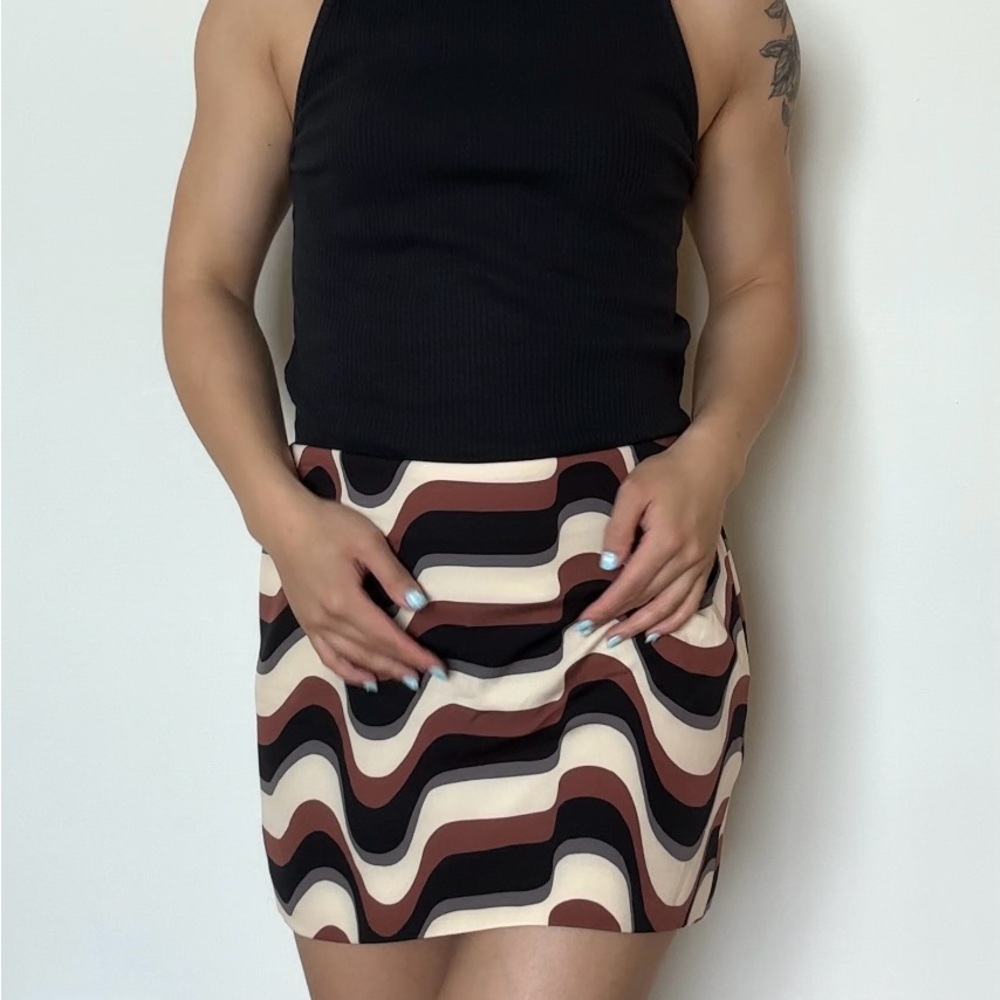 MNG Brown Groovy Abstract Pattern Mini Skirt